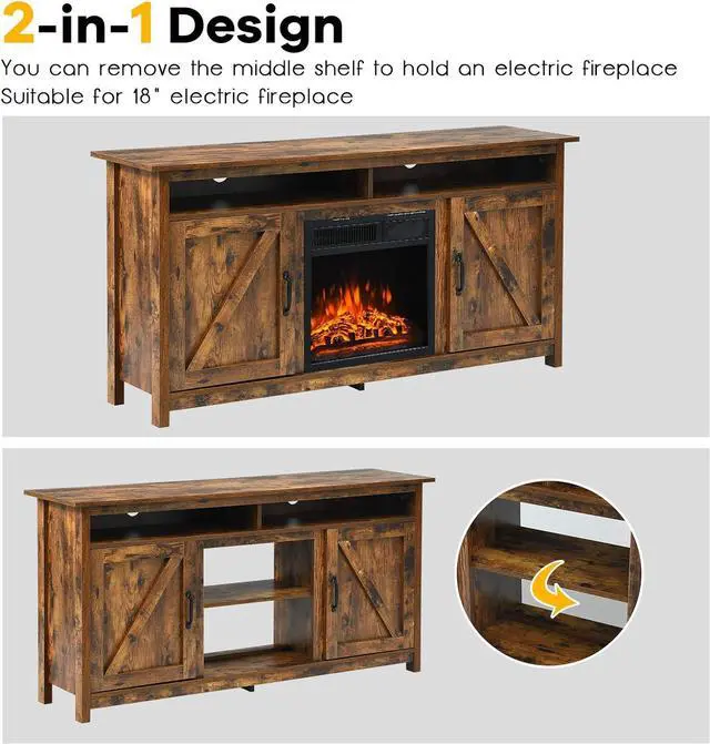 Alt view image 6 of 7 - Tangkula Industrial TV Stand with Barn Doors for TVs up to 65 Inches, Farmhouse TV Console Cabinet with Shelves & Cabinets, Rustic Entertainment Center for Living Room, TV Console Table, Rustic Brown