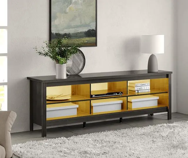 Alt view image 2 of 7 - WAMPAT TV Stand for 75 inch TV with Yellow LED Light, Entertainment Center for 65+ Inch TV Console Table with 6 Cubby, Wood Television Stands for Living Room Bedroom, 70 Inch, Black