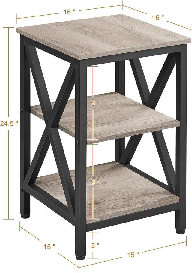 Alt view image 3 of 7 - Yaheetech Industrial End Tables Set of 2, 3-Tier Side Tables with Storage Shelves for Living Room, X Design Sofa Tables, Strong Metal Frame, Easy Assembly, 16x16x24.5 In, Gray