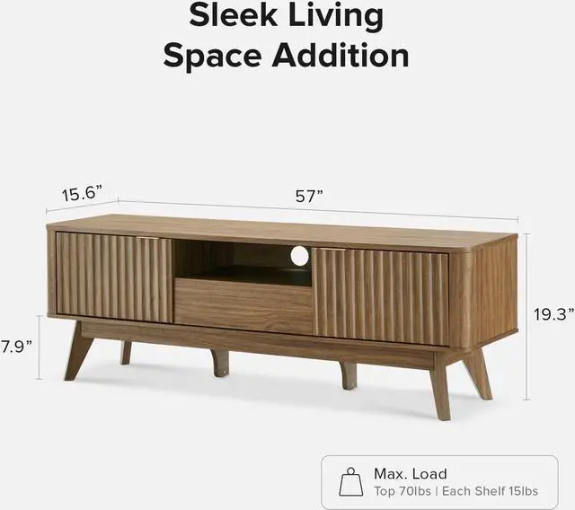 Alt view image 2 of 7 - mopio Brooklyn Mid-Century Modern TV Stand, for TVs up to 50 / 59" Waveform Panel, Sleek Curved Profile with Adjustable Shelf and Sturdy Box Frame Leg (Natural Walnut, 57")