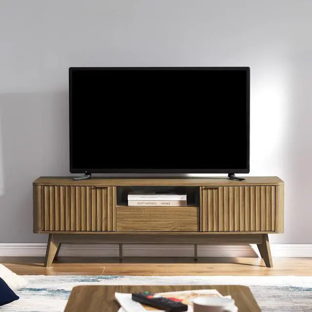 Alt view image 4 of 7 - mopio Brooklyn Mid-Century Modern TV Stand, for TVs up to 50 / 59" Waveform Panel, Sleek Curved Profile with Adjustable Shelf and Sturdy Box Frame Leg (Natural Walnut, 57")