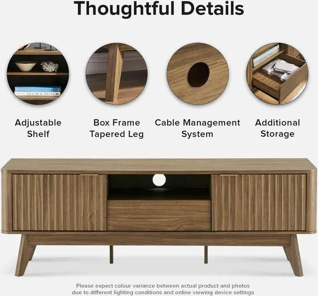 Alt view image 5 of 7 - mopio Brooklyn Mid-Century Modern TV Stand, for TVs up to 50 / 59" Waveform Panel, Sleek Curved Profile with Adjustable Shelf and Sturdy Box Frame Leg (Natural Walnut, 57")