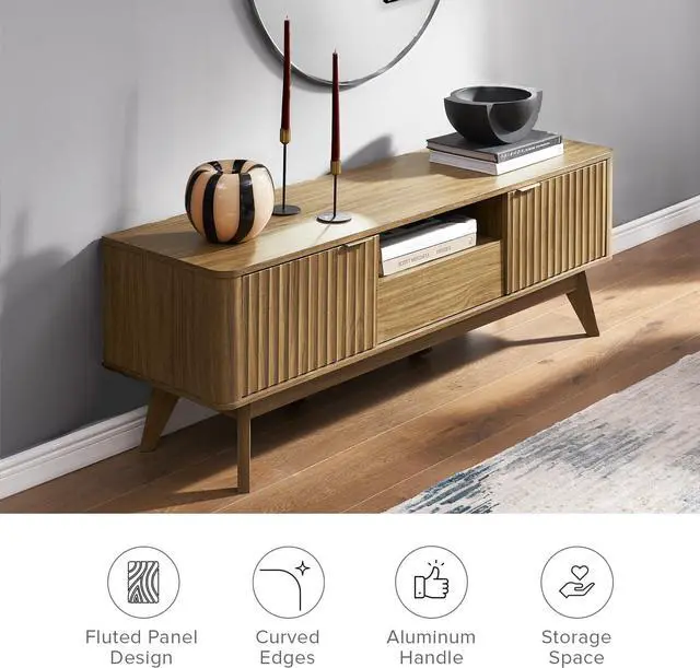 Alt view image 6 of 7 - mopio Brooklyn Mid-Century Modern TV Stand, for TVs up to 50 / 59" Waveform Panel, Sleek Curved Profile with Adjustable Shelf and Sturdy Box Frame Leg (Natural Walnut, 57")
