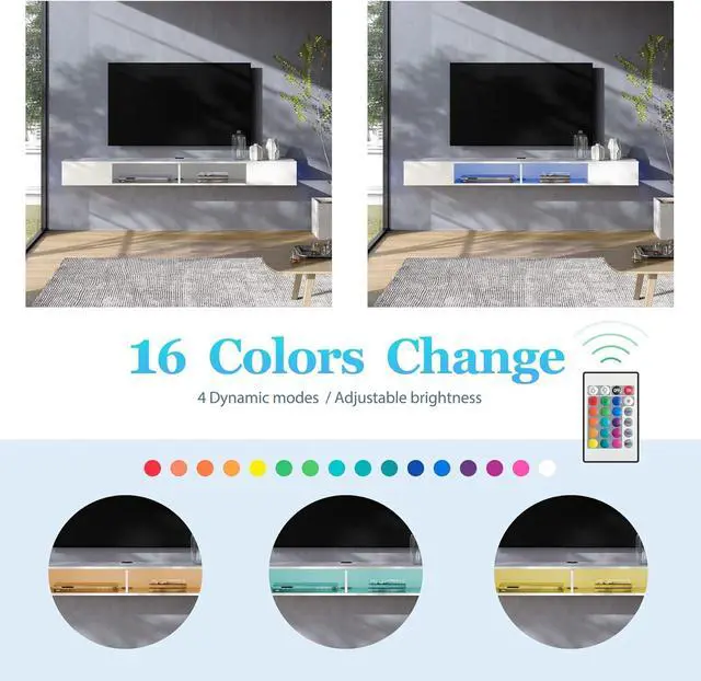 Alt view image 4 of 7 - WAMPAT TV Stand with LED Lights for 65/70/75 Inch TVs, Entertainment Center Media Console, Wall Mounted Shelf Under TV Cabinet with Storage for Living Room and Bedroom, White