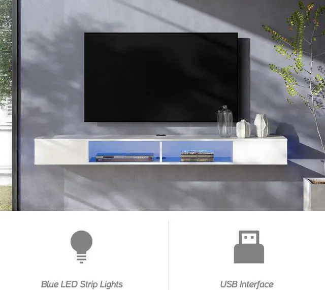 Alt view image 6 of 7 - WAMPAT TV Stand with LED Lights for 65/70/75 Inch TVs, Entertainment Center Media Console, Wall Mounted Shelf Under TV Cabinet with Storage for Living Room and Bedroom, White