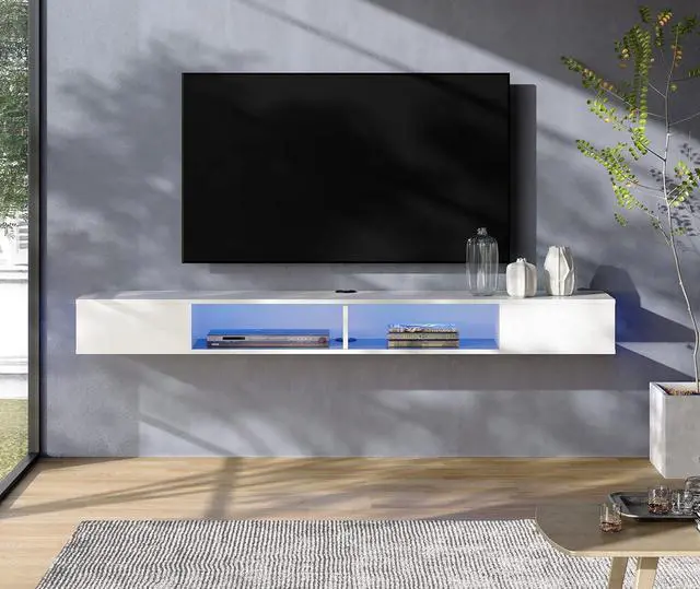 Alt view image 5 of 7 - WAMPAT TV Stand with LED Lights for 65/70/75 Inch TVs, Entertainment Center Media Console, Wall Mounted Shelf Under TV Cabinet with Storage for Living Room and Bedroom, White