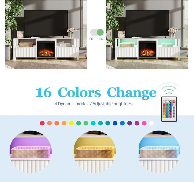 Alt view image 4 of 7 - FITUEYES White Fireplace TV Stand for 80 Inch TV with 16 Color RBB LED Light, Modern TV Console Table with Electric Heater & Storage Cabinet, Television Stands for Living Room Bedroom, 70 Inch
