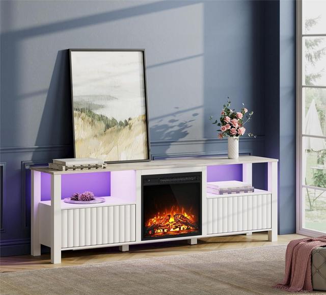 Alt view image 3 of 7 - FITUEYES White Fireplace TV Stand for 80 Inch TV with 16 Color RBB LED Light, Modern TV Console Table with Electric Heater & Storage Cabinet, Television Stands for Living Room Bedroom, 70 Inch