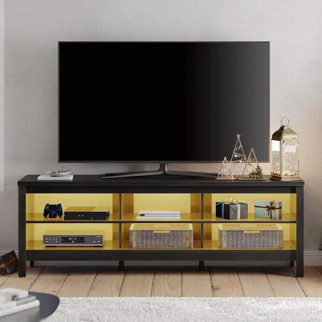 Main image of WAMPAT TV Stand for 75 inch TV with Yellow LED Light, Entertainment Center for 65+ Inch TV Console Table with 6 Cubby, Wood Television Stands for Living Room Bedroom, 70 Inch, Black