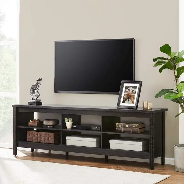 Alt view image 3 of 7 - WAMPAT TV Stand for 75 inch TV with Yellow LED Light, Entertainment Center for 65+ Inch TV Console Table with 6 Cubby, Wood Television Stands for Living Room Bedroom, 70 Inch, Black