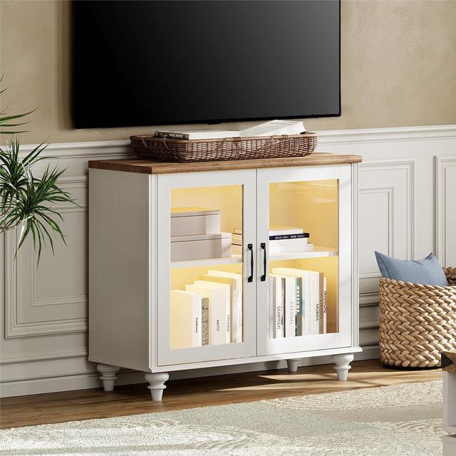 WAMPAT TV Stand for 43 Inch TV with LED Light Wood TV Console Table Storage Cabinet for Living Room Kitchen Sideboard Buffet Cabinet with Glass Door