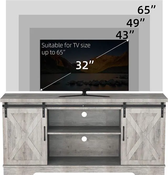 Alt view image 4 of 7 - IDEALHOUSE Grey Farmhouse Cabinet, 65 Inch TV Stand with Storage, Barn Doors and Shelves, Modern TV Console Table Furniture for Living Bedroom