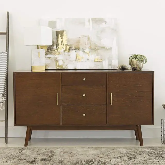 Alt view image 2 of 7 - Walker Edison Mid Century Modern-TV Stand Console with 3 Drawers and Closed Cabinet Storage, 60", Walnut