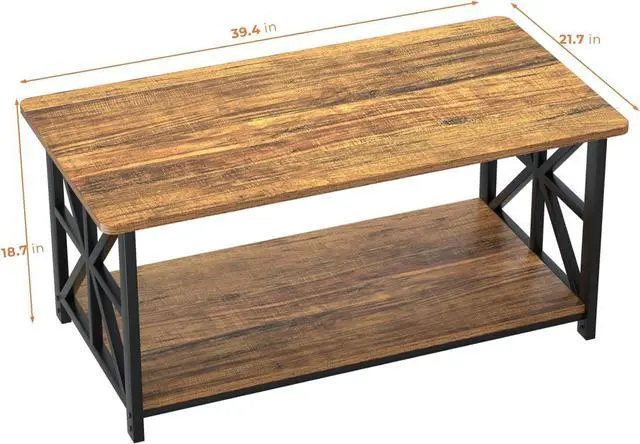 Alt view image 2 of 7 - GreenForest Coffee Table with Round Corner, Farmhouse Center Table with 2-Tier Storage Shelf X-Frame Design for Living Room, 39 inch Walnut