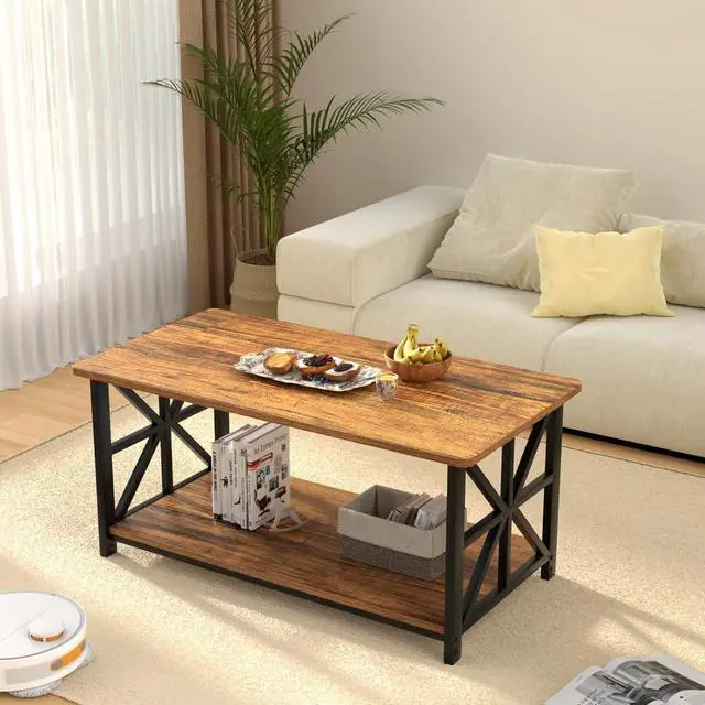 Alt view image 7 of 7 - GreenForest Coffee Table with Round Corner, Farmhouse Center Table with 2-Tier Storage Shelf X-Frame Design for Living Room, 39 inch Walnut