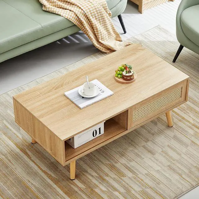 Alt view image 3 of 6 - Mid Century Modern Coffee Table with Storage, 41.3 Inch Rectangle Accent Center Sofa Table with Sliding PE Rattan Woven Door Panel and Solid Wood Legs, Suitable for Living Room, Apartment