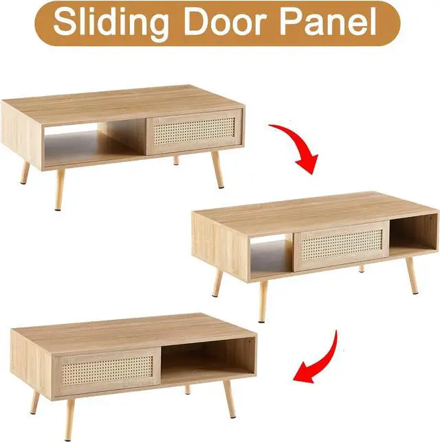 Alt view image 5 of 6 - Mid Century Modern Coffee Table with Storage, 41.3 Inch Rectangle Accent Center Sofa Table with Sliding PE Rattan Woven Door Panel and Solid Wood Legs, Suitable for Living Room, Apartment