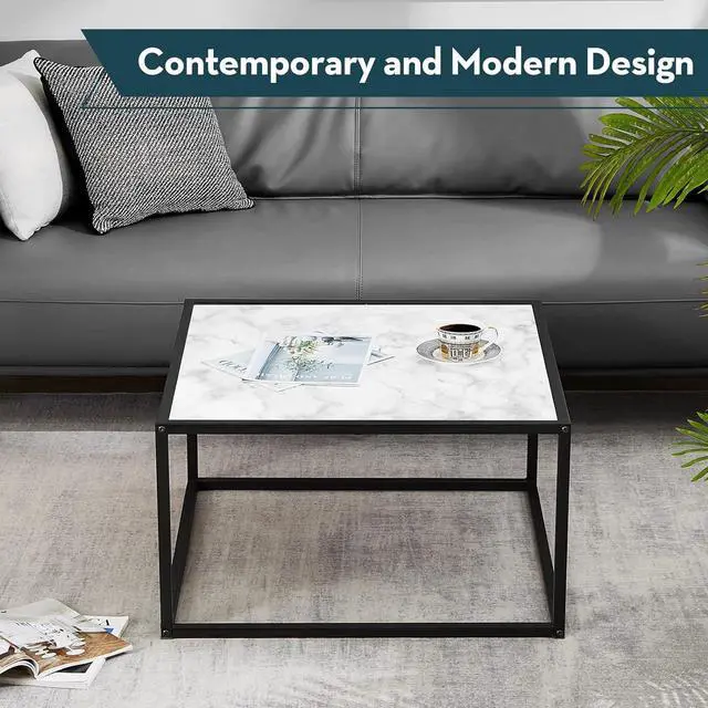 Alt view image 4 of 6 - SAYGOER Marble Coffee Table Small Square Coffee Tables Modern Center Table for Living Room Office 27.6 * 27.6 * 15.7 Inch, Easy Assembly, White Faux Marble