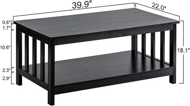 Alt view image 2 of 6 - ChooChoo Mission Coffee Table, Black Wood Living Room Table with Shelf, 40 Black