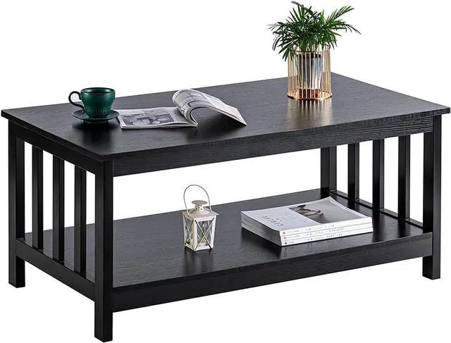 Alt view image 3 of 6 - ChooChoo Mission Coffee Table, Black Wood Living Room Table with Shelf, 40 Black