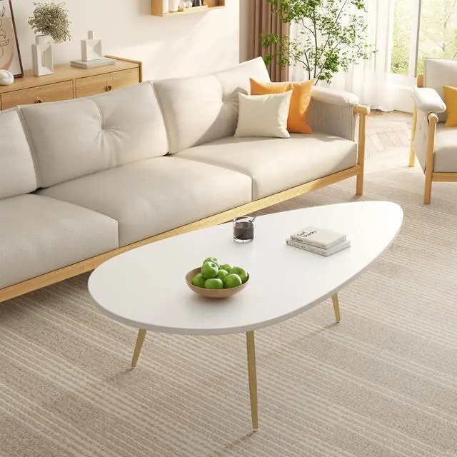 Alt view image 2 of 7 - SAYGOER Modern Coffee Table Small White Coffee Tables for Small Space Unique Simple Oval Center Table with Wood Frame for Living Room 22.2" D x 42.5" W x 17.1" H