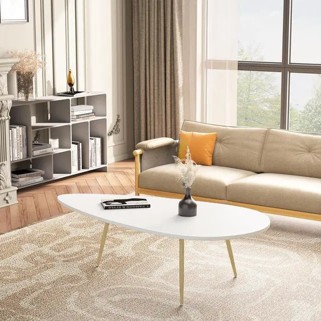 Alt view image 6 of 7 - SAYGOER Modern Coffee Table Small White Coffee Tables for Small Space Unique Simple Oval Center Table with Wood Frame for Living Room 22.2" D x 42.5" W x 17.1" H