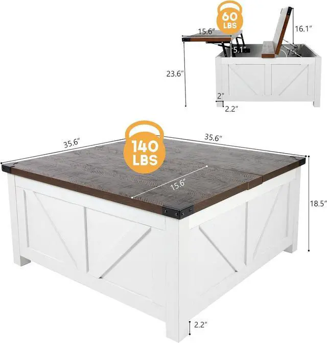 Alt view image 2 of 7 - jimeimen Farmhouse Lift Top Coffee Table with Storage, Wood Square Center Table with Charging Station&USB Ports, Living Room Central Table w/Large Hidden Space, for Living Room, Bedroom, Home Office