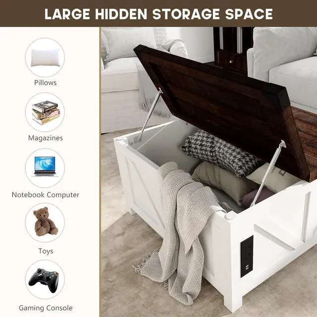 Alt view image 3 of 7 - jimeimen Farmhouse Lift Top Coffee Table with Storage, Wood Square Center Table with Charging Station&USB Ports, Living Room Central Table w/Large Hidden Space, for Living Room, Bedroom, Home Office