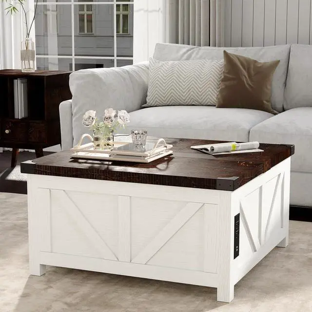 Alt view image 6 of 7 - jimeimen Farmhouse Lift Top Coffee Table with Storage, Wood Square Center Table with Charging Station&USB Ports, Living Room Central Table w/Large Hidden Space, for Living Room, Bedroom, Home Office