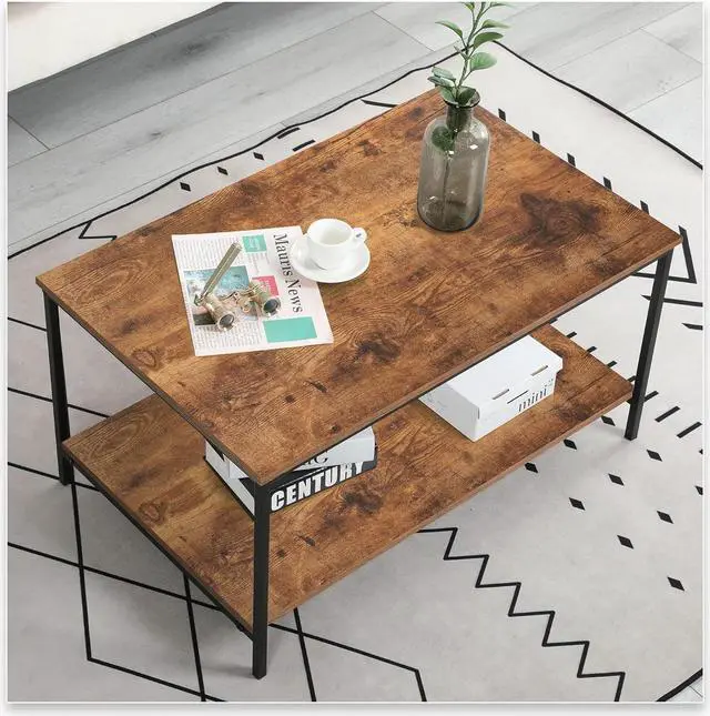 Alt view image 2 of 5 - SENIG Coffee Table, Small Coffee Table for Living Room, Coffee Tables with Storage ShelfBrown Coffee Tables for Small Spaces, Rectangle Wood Table Metal Side End Table, Center Table for Living Room