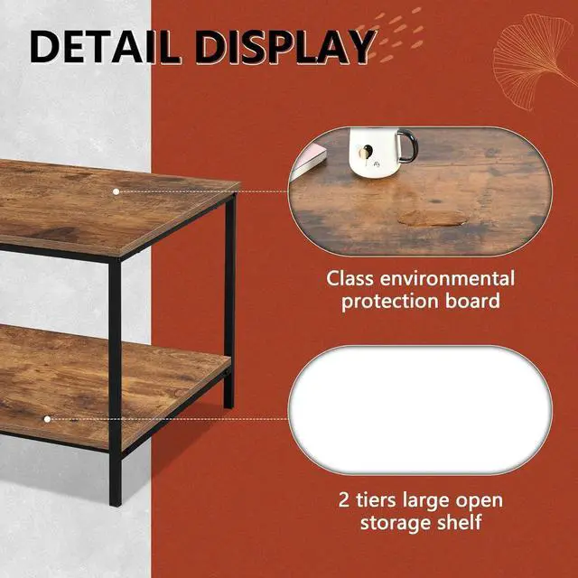 Alt view image 4 of 5 - SENIG Coffee Table, Small Coffee Table for Living Room, Coffee Tables with Storage ShelfBrown Coffee Tables for Small Spaces, Rectangle Wood Table Metal Side End Table, Center Table for Living Room