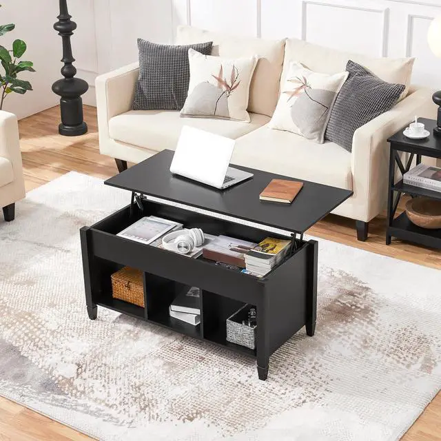 Alt view image 4 of 7 - Yaheetech Coffee Table, Lift Top Coffee Table w/Hidden Storage Compartment & Lower 3 Cube Open Shelves, Lift Tabletop Coffee Table for Living Room/Reception Room/Office, Black