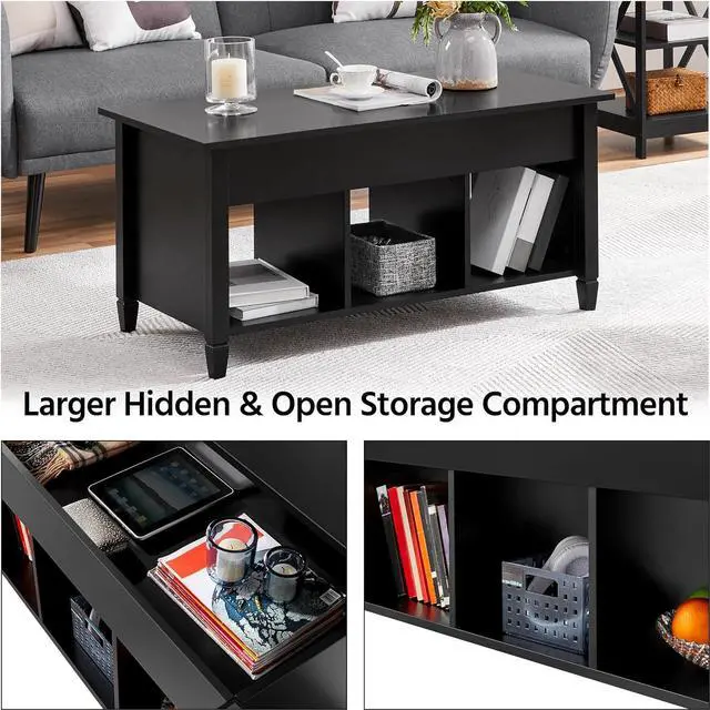 Alt view image 6 of 7 - Yaheetech Coffee Table, Lift Top Coffee Table w/Hidden Storage Compartment & Lower 3 Cube Open Shelves, Lift Tabletop Coffee Table for Living Room/Reception Room/Office, Black