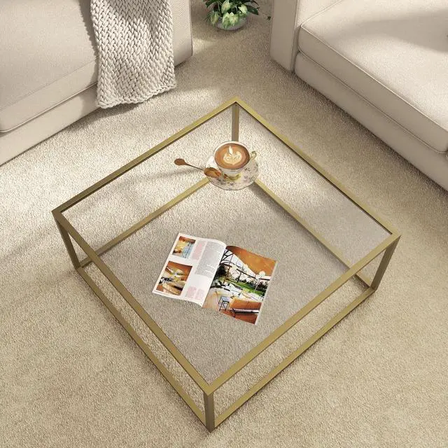 Main image of SAYGOER Gold Coffee Table Glass Modern Coffee Tables for Small Space Simple Square Center Table for Living Room Home Office 26.7 x 26.7 x 15.7, Easy Assembly