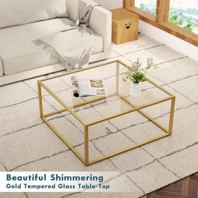 Alt view image 3 of 7 - SAYGOER Gold Coffee Table Glass Modern Coffee Tables for Small Space Simple Square Center Table for Living Room Home Office 26.7 x 26.7 x 15.7, Easy Assembly