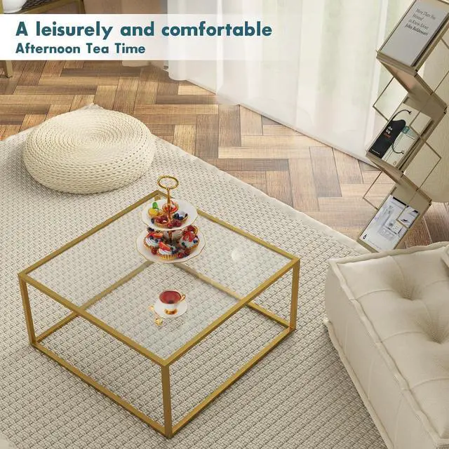 Alt view image 4 of 7 - SAYGOER Gold Coffee Table Glass Modern Coffee Tables for Small Space Simple Square Center Table for Living Room Home Office 26.7 x 26.7 x 15.7, Easy Assembly