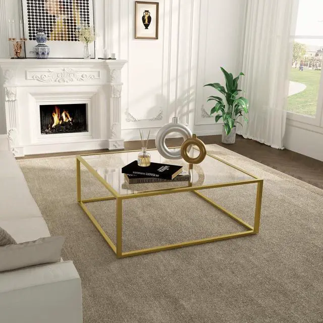 Alt view image 5 of 7 - SAYGOER Gold Coffee Table Glass Modern Coffee Tables for Small Space Simple Square Center Table for Living Room Home Office 26.7 x 26.7 x 15.7, Easy Assembly