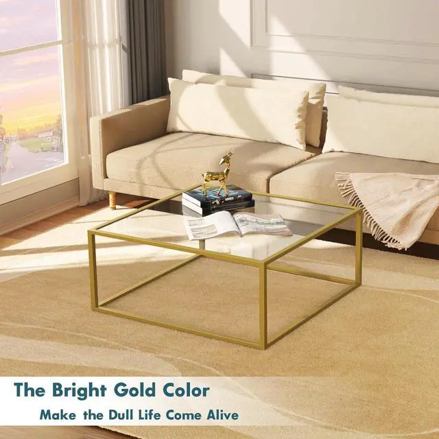 Alt view image 6 of 7 - SAYGOER Gold Coffee Table Glass Modern Coffee Tables for Small Space Simple Square Center Table for Living Room Home Office 26.7 x 26.7 x 15.7, Easy Assembly