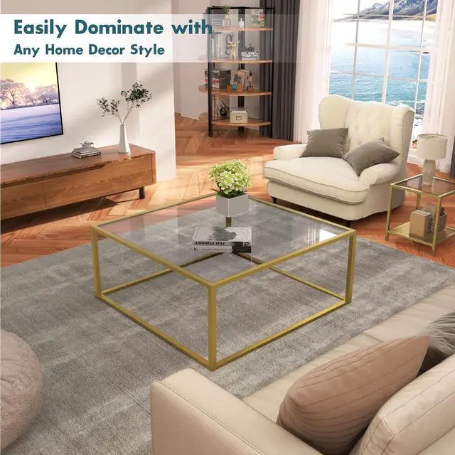 Alt view image 7 of 7 - SAYGOER Gold Coffee Table Glass Modern Coffee Tables for Small Space Simple Square Center Table for Living Room Home Office 26.7 x 26.7 x 15.7, Easy Assembly