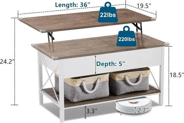 Alt view image 2 of 7 - VINGLI 36" Lift Top Coffee Table with Free Cloth Storage Bins, White Walnut Frame, Small Modern Style, Dark Walnut