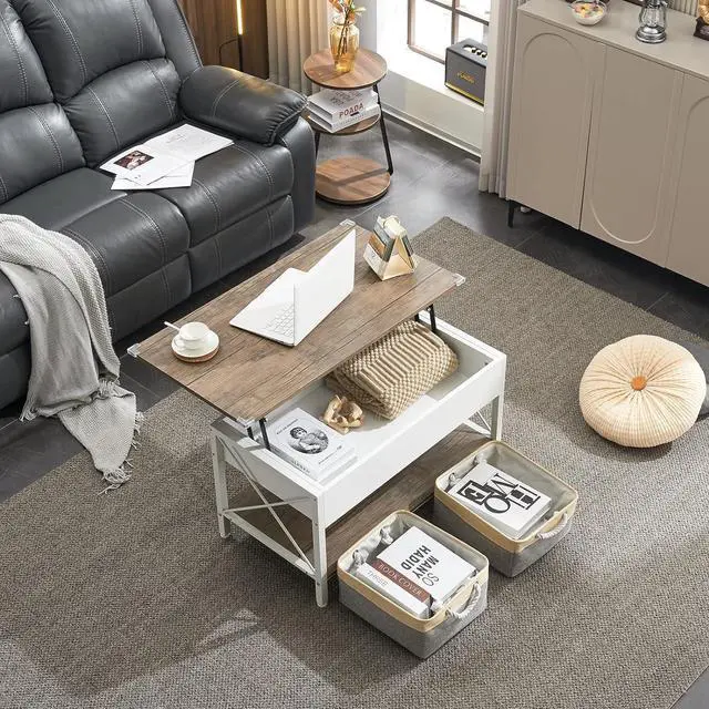 Alt view image 3 of 7 - VINGLI 36" Lift Top Coffee Table with Free Cloth Storage Bins, White Walnut Frame, Small Modern Style, Dark Walnut