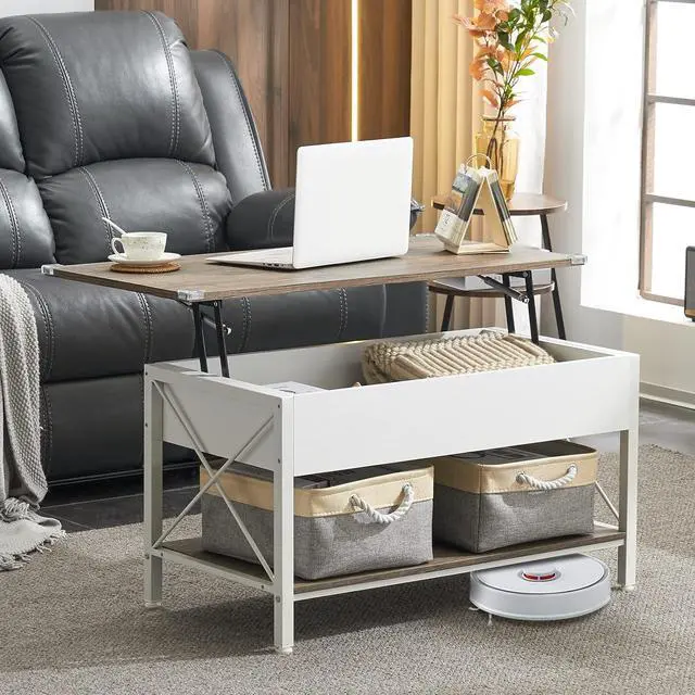 Alt view image 4 of 7 - VINGLI 36" Lift Top Coffee Table with Free Cloth Storage Bins, White Walnut Frame, Small Modern Style, Dark Walnut