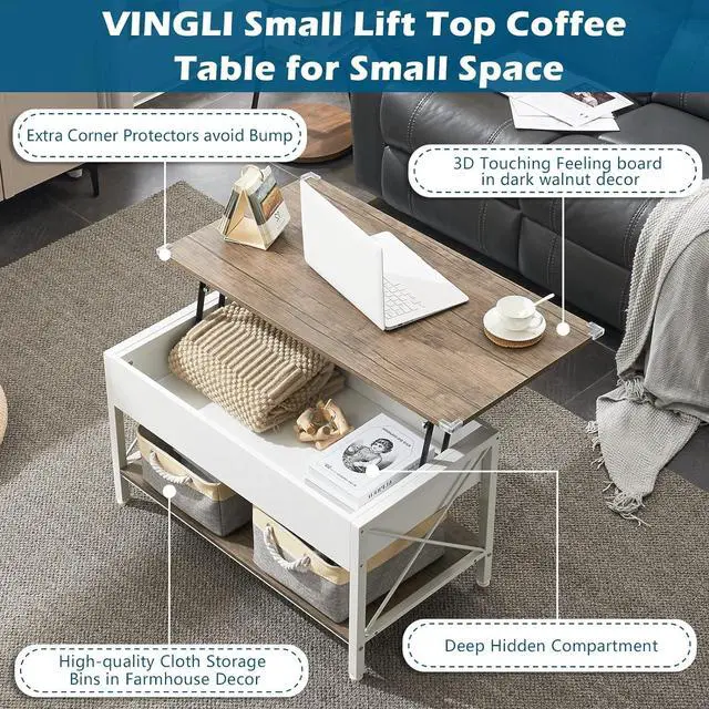 Alt view image 5 of 7 - VINGLI 36" Lift Top Coffee Table with Free Cloth Storage Bins, White Walnut Frame, Small Modern Style, Dark Walnut