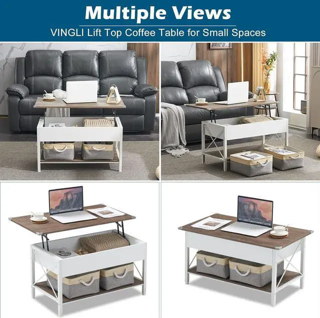 Alt view image 7 of 7 - VINGLI 36" Lift Top Coffee Table with Free Cloth Storage Bins, White Walnut Frame, Small Modern Style, Dark Walnut