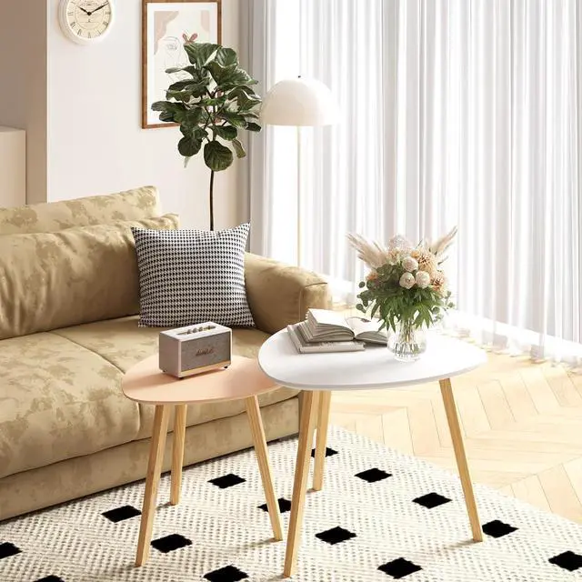 Alt view image 3 of 7 - BAMEOS Bamboo Nesting Triangle End Table,Set of 2 Coffee Table Modern Minimalist Side Table for Living Room (White & Pink)
