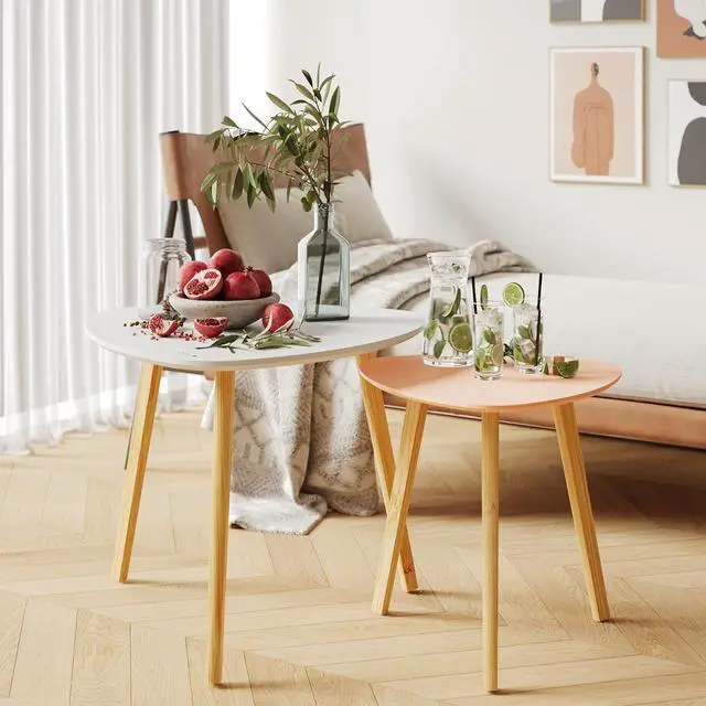 Alt view image 4 of 7 - BAMEOS Bamboo Nesting Triangle End Table,Set of 2 Coffee Table Modern Minimalist Side Table for Living Room (White & Pink)