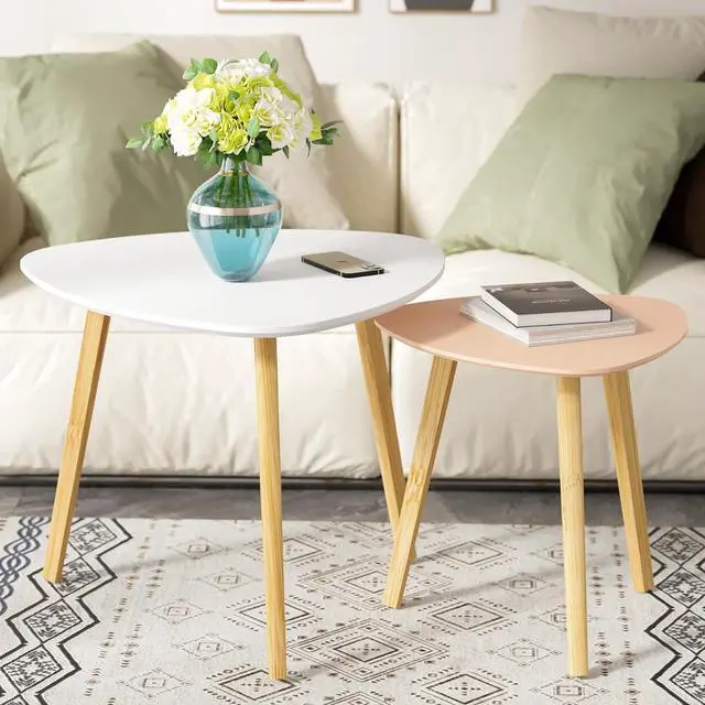 Alt view image 7 of 7 - BAMEOS Bamboo Nesting Triangle End Table,Set of 2 Coffee Table Modern Minimalist Side Table for Living Room (White & Pink)