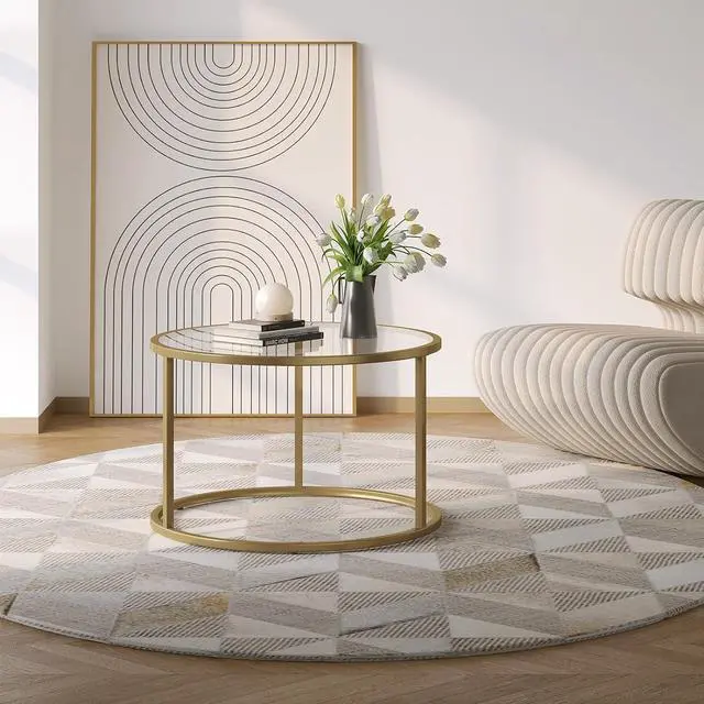 Alt view image 3 of 7 - SAYGOER Small Glass Coffee Table Round Gold Coffee Table for Small Space Modern Simple Center Table with Gold Frame for Living Room Home Office, Easy Assembly