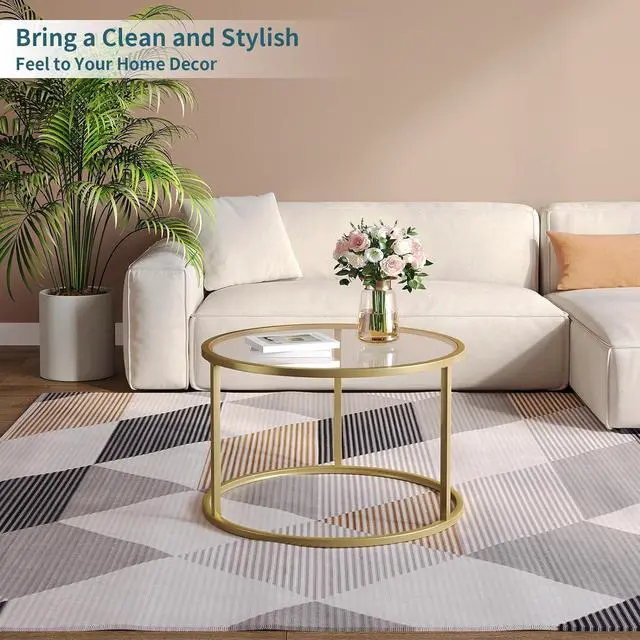 Alt view image 5 of 7 - SAYGOER Small Glass Coffee Table Round Gold Coffee Table for Small Space Modern Simple Center Table with Gold Frame for Living Room Home Office, Easy Assembly