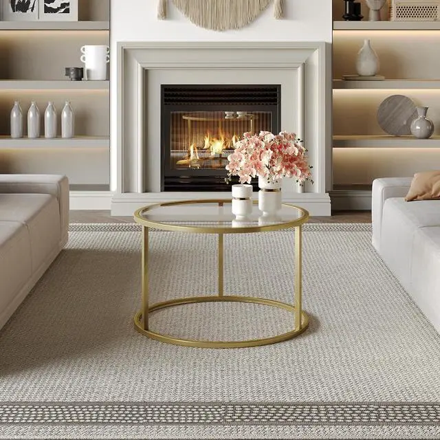 Alt view image 6 of 7 - SAYGOER Small Glass Coffee Table Round Gold Coffee Table for Small Space Modern Simple Center Table with Gold Frame for Living Room Home Office, Easy Assembly